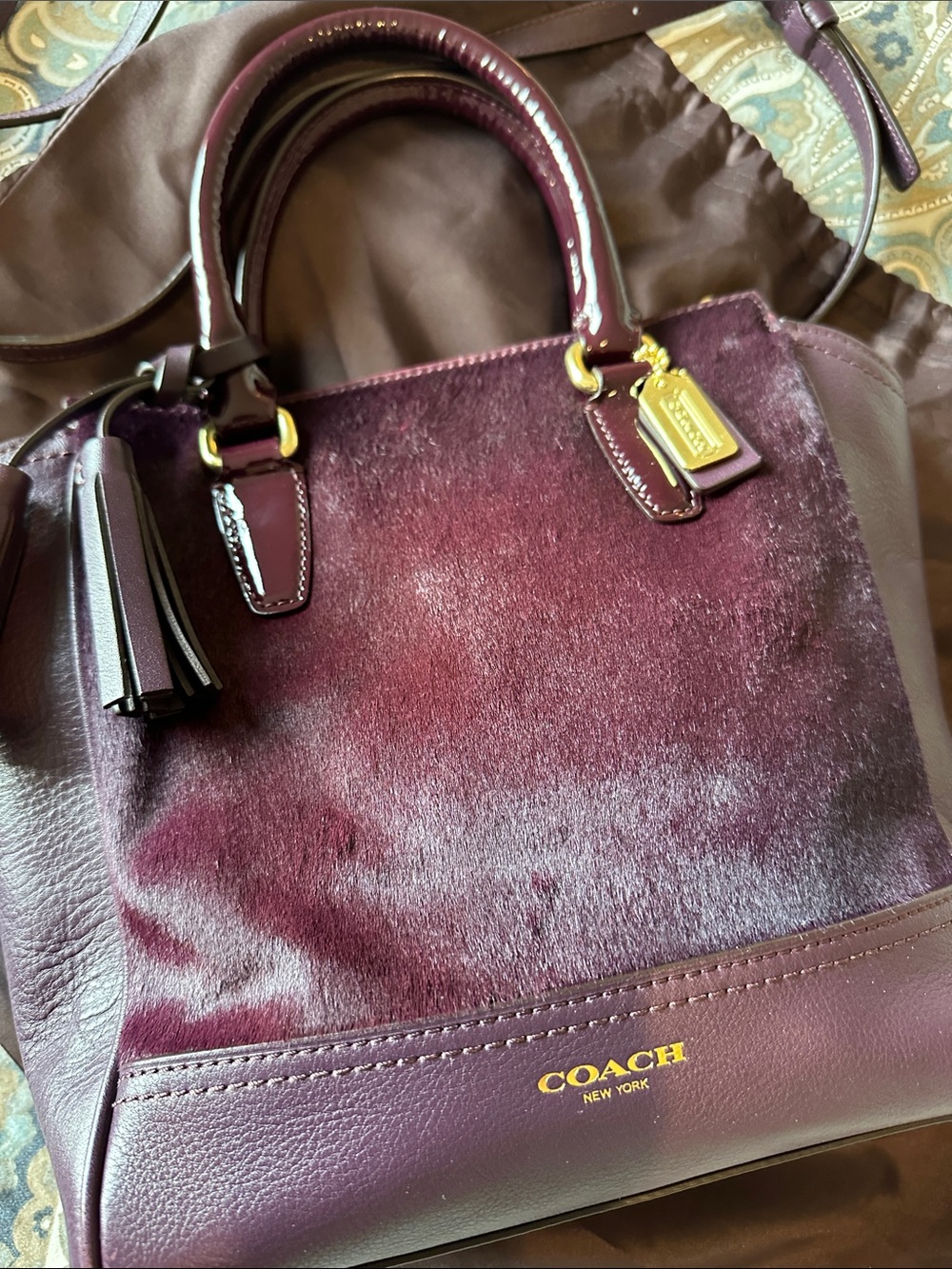 Coach Burgundy Leather & Haircalf Tote with Gold Hardware